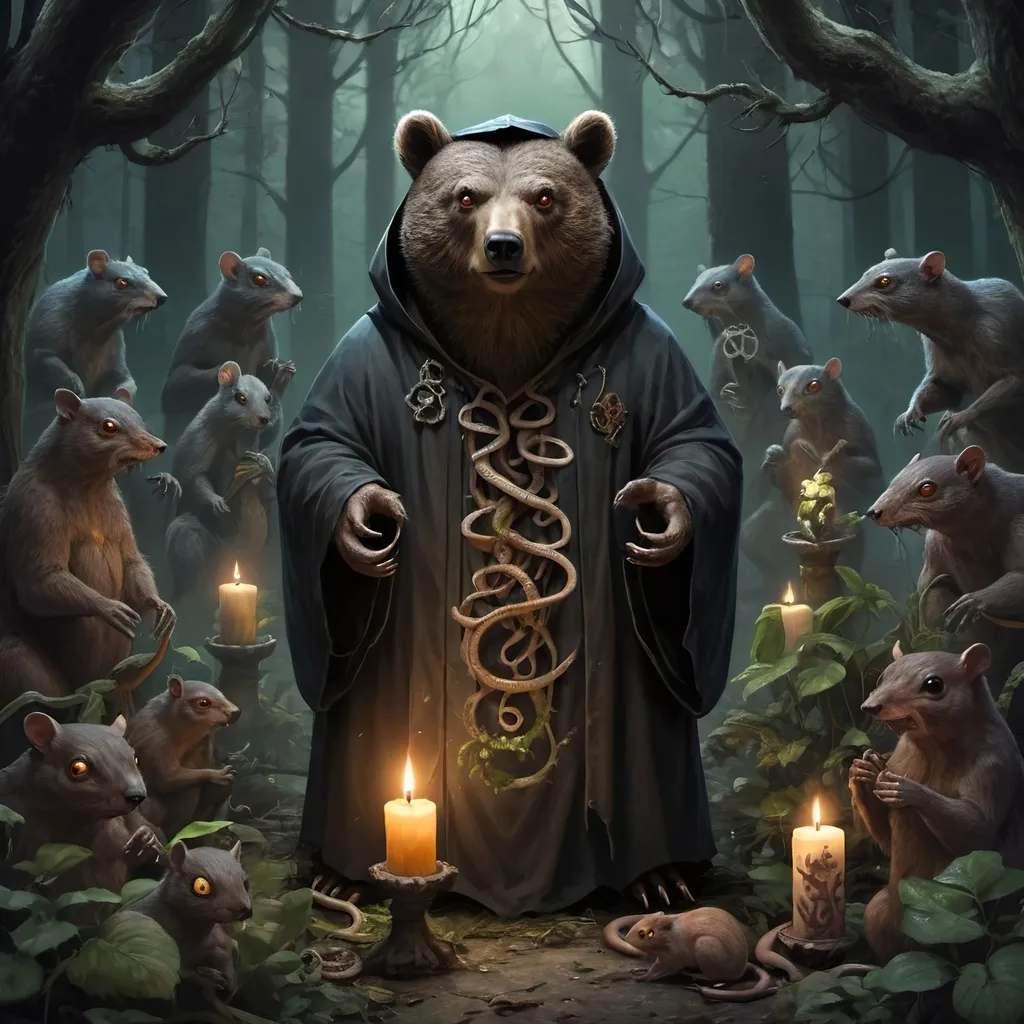 Prompt: A cultist bear, cultist robes, glowing eyes, ominous setting, dark forest, single candle, surrounded by snakes, squirrels, rats, plants, fungus, many creatures