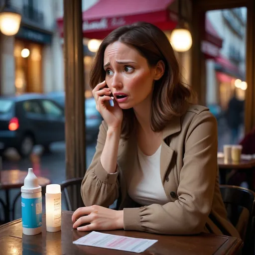 Prompt: "an emotional scene in a dimly lit parisian café, with a woman (early 30s, brown hair, stylish but casual outfit) looking at a pregnancy test in her hand, her face showing a mix of shock and sadness. the test reads 'enceinte 3+'. in the background, through a rainy window, the streets of paris are visible. on the table next to her, a phone with the Telegram logo on the screen glows softly, hinting at a connection to pavel durov."