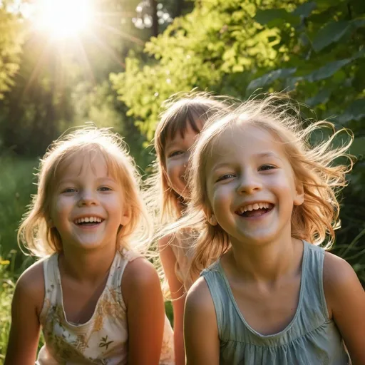 Prompt: children in nature in the sun smiling having fun fotorealistik