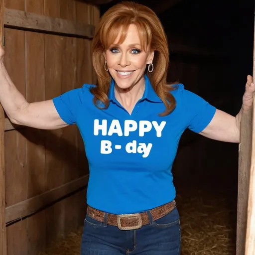Prompt: reba macentire wearing a blue shirt that says happy b-day Adi in horse stable