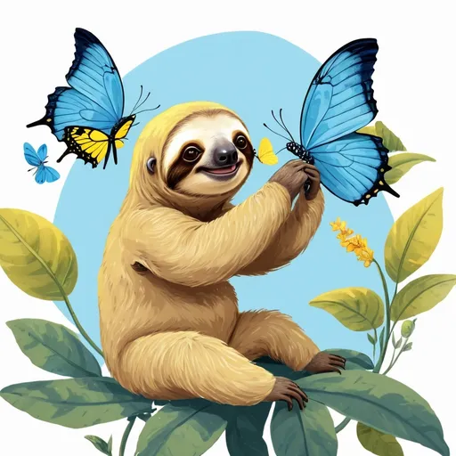 Prompt: a yellow sloth fighting a blue butterfly