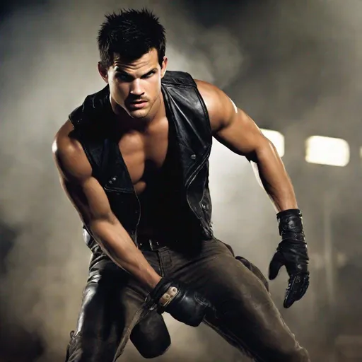 Prompt: Taylor Lautner, No Shirt, Abs, Sleeveless Vest, Leather Gloves, Leather Chaps, Angry, Painful, Serious, Lean Body, Black Vest, Leather Vest, Armband, Sleeveless, Closed Eyes, Screaming, Evil, Dog Tags, Action Pose
