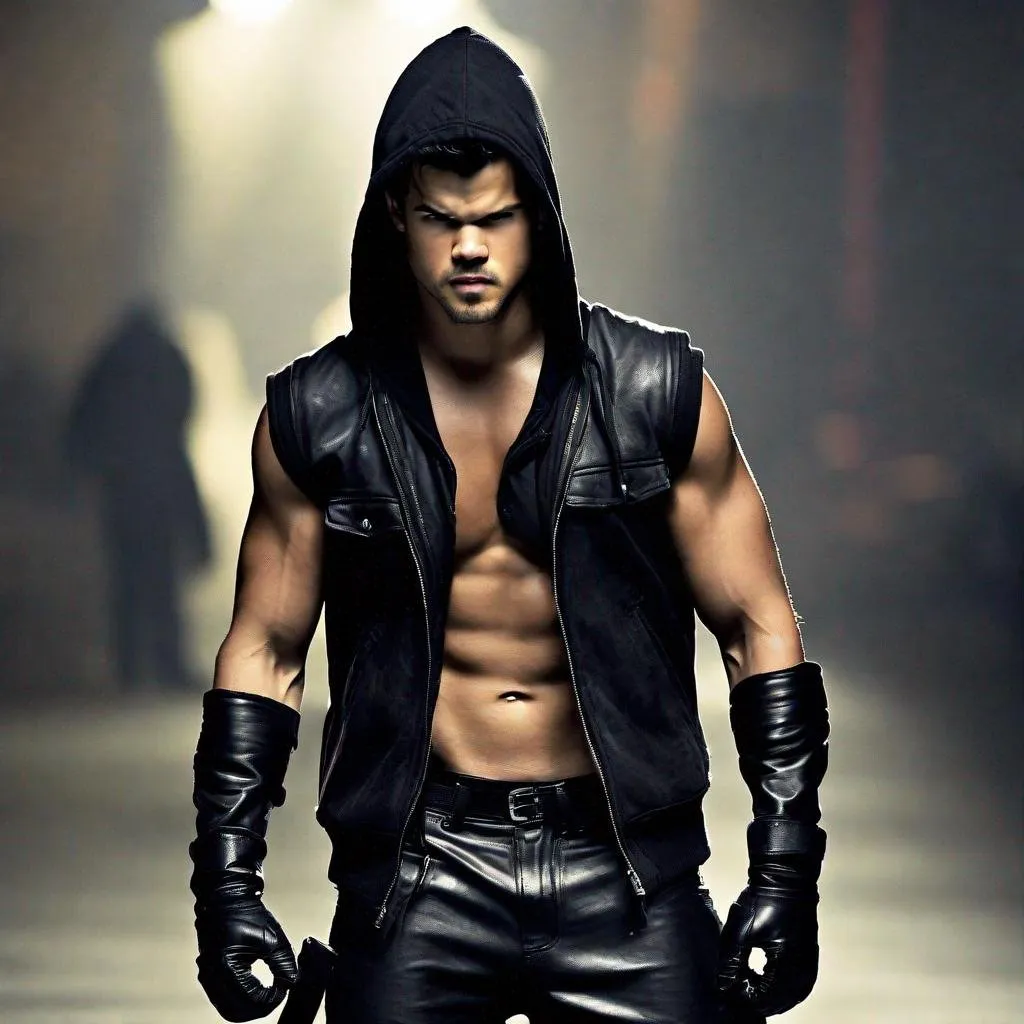 Prompt: Taylor Lautner, Showing Abs, Sleeveless Vest, Hooded Vest, Sleeveless Hoodie, Leather Gloves, Leather Pants, Angry, Painful, Serious, Lean Body, Black Hoodie, Leather Hoodie, Armband, Sleeveless, Closed Eyes, Screaming, Evil, Black Hair