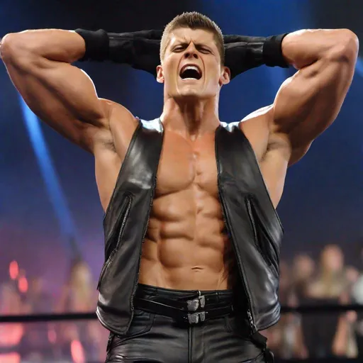 Prompt: Cody Rhodes, Action Pose, Defeated, No Shirt, Abs, Sleeveless Vest, Leather Gloves, Leather Pants, Angry, Painful, Serious, Lean Body, Black Vest, Leather Vest, Armband, Sleeveless, Closed Eyes, Screaming, Evil, Villain, Unzipped Vest