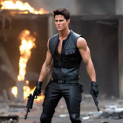 Prompt: Robbie Amell, Action Pose, Defeated, No Shirt, Abs, Sleeveless Vest, Leather Gloves, Leather Pants, Angry, Painful, Serious, Lean Body, Black Vest, Leather Vest, Armband, Sleeveless, Closed Eyes, Screaming, Evil, Villain, Unzipped Vest