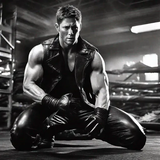 Prompt: Jensen Ackles, No Shirt, Abs, Sleeveless Vest, Leather Gloves, Leather Pants, Angry, Painful, Serious, Lean Body, Black Vest, Leather Vest, Armband, Sleeveless, Closed Eyes, Screaming, Evil, Action Pose, Villain, Unzipped Vest