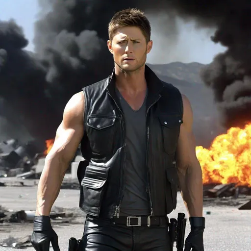 Prompt: Jensen Ackles, Action Pose, Defeated, No Shirt, Abs, Sleeveless Vest, Leather Gloves, Leather Pants, Angry, Painful, Serious, Lean Body, Black Vest, Leather Vest, Armband, Sleeveless, Closed Eyes, Screaming, Evil, Villain, Unzipped Vest