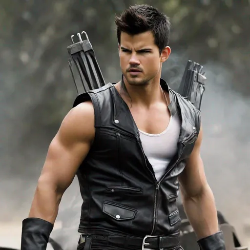 Prompt: Taylor Lautner, No Shirt, Abs, Sleeveless Vest, Leather Gloves, Leather Pants, Angry, Painful, Serious, Lean Body, Black Vest, Leather Vest, Armband, Sleeveless, Closed Eyes, Screaming, Evil, Action Pose, Villain, White Hair, Unzipped Vest