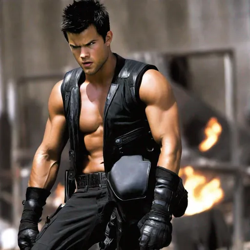 Prompt: Taylor Lautner, Action Pose, No Shirt, Abs, Sleeveless Vest, Leather Gloves, Leather Pants, Angry, Painful, Serious, Lean Body, Black Vest, Leather Vest, Armband, Sleeveless, Closed Eyes, Screaming, Evil,  Villain, Unzipped Vest