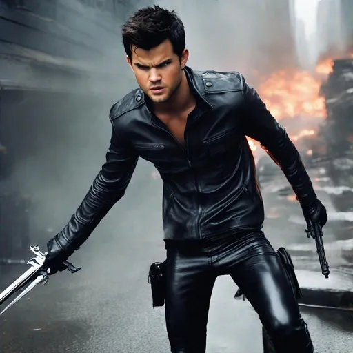 Prompt: Taylor Lautner, Action Pose, Abs, Latex Shirt, Leather Gloves, Leather Pants, Angry, Painful, Serious, Lean Body, Black Latex, Tight Shirt, Closed Eyes, Screaming, Evil, Villain, Sensual