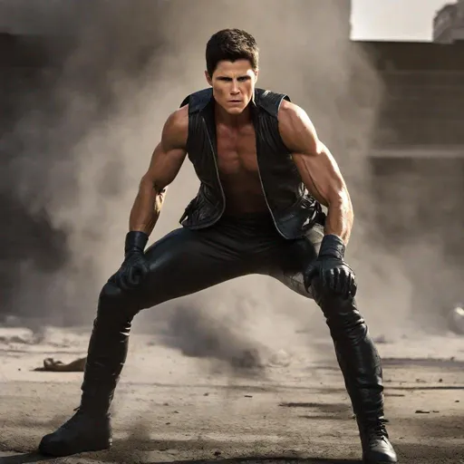 Prompt: Robbie Amell, Action Pose, No Shirt, Abs, Sleeveless Vest, Leather Gloves, Leather Pants, Angry, Painful, Serious, Lean Body, Black Vest, Leather Vest, Armband, Sleeveless, Closed Eyes, Screaming, Evil,  Villain, Unzipped Vest