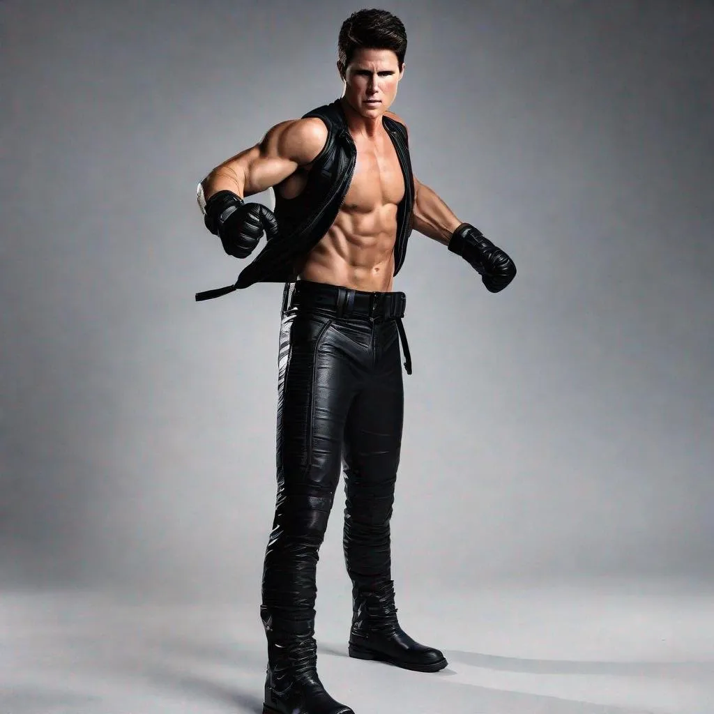 Prompt: Robbie Amell, Action Pose, No Shirt, Abs, Sleeveless Vest, Leather Gloves, Leather Pants, Angry, Painful, Serious, Lean Body, Black Vest, Leather Vest, Armband, Sleeveless, Closed Eyes, Screaming, Evil,  Villain, Unzipped Vest