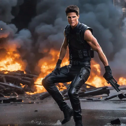 Prompt: Robbie Amell, Action Pose, Abs, Sleeveless Latex Shirt, Leather Gloves, Leather Pants, Angry, Painful, Serious, Lean Body, Black Latex, Tight Latex, Armband, Sleeveless, Closed Eyes, Screaming, Evil, Villain