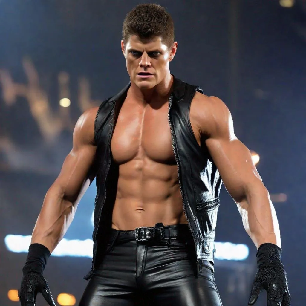 Prompt: Cody Rhodes, Action Pose, Defeated, No Shirt, Abs, Sleeveless Vest, Leather Gloves, Leather Pants, Angry, Painful, Serious, Lean Body, Black Vest, Leather Vest, Armband, Sleeveless, Closed Eyes, Screaming, Evil, Villain, Unzipped Vest