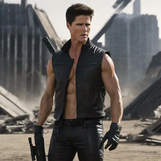 Prompt: Robbie Amell, Action Pose, Defeated, No Shirt, Abs, Sleeveless Vest, Leather Gloves, Leather Pants, Angry, Painful, Serious, Lean Body, Black Vest, Leather Vest, Armband, Sleeveless, Closed Eyes, Screaming, Evil, Villain, Unzipped Vest