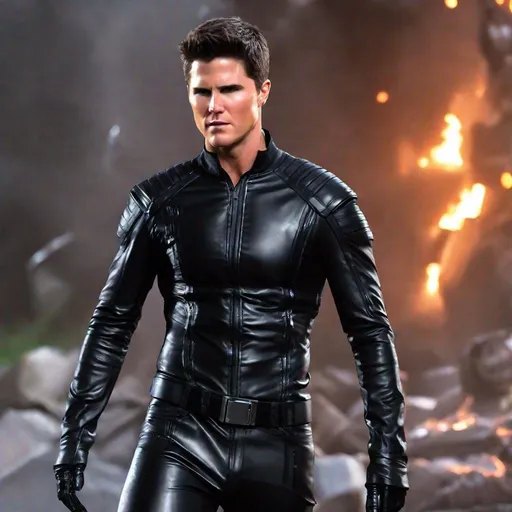 Prompt: Robbie Amell, Action Pose, Abs, Latex Shirt, Leather Gloves, Leather Pants, Angry, Painful, Serious, Lean Body, Black Latex, Tight Shirt, Closed Eyes, Screaming, Evil, Villain