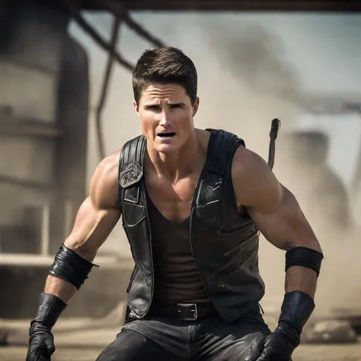 Prompt: Robbie Amell, Showing Abs, Sleeveless Vest, Leather Gloves, Leather Chaps, Angry, Painful, Serious, Lean Body, Black Vest, Leather Vest, Armband, Sleeveless, Closed Eyes, Screaming, Evil, Dog Tags, Action Pose