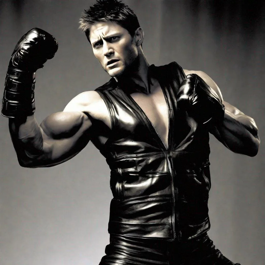 Prompt: Jensen Ackles, No Shirt, Abs, Sleeveless Vest, Leather Gloves, Leather Pants, Angry, Painful, Serious, Lean Body, Black Vest, Leather Vest, Armband, Sleeveless, Closed Eyes, Screaming, Evil, Action Pose, Villain, Unzipped Vest