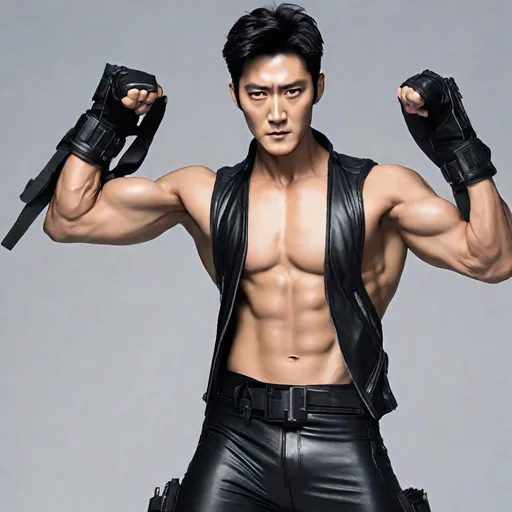 Prompt: Choi Siwon, No Shirt, Abs, Sleeveless Vest, Leather Gloves, Leather Pants, Angry, Painful, Serious, Lean Body, Black Vest, Leather Vest, Armband, Sleeveless, Closed Eyes, Screaming, Evil, Action Pose, Villain, Unzipped Vest