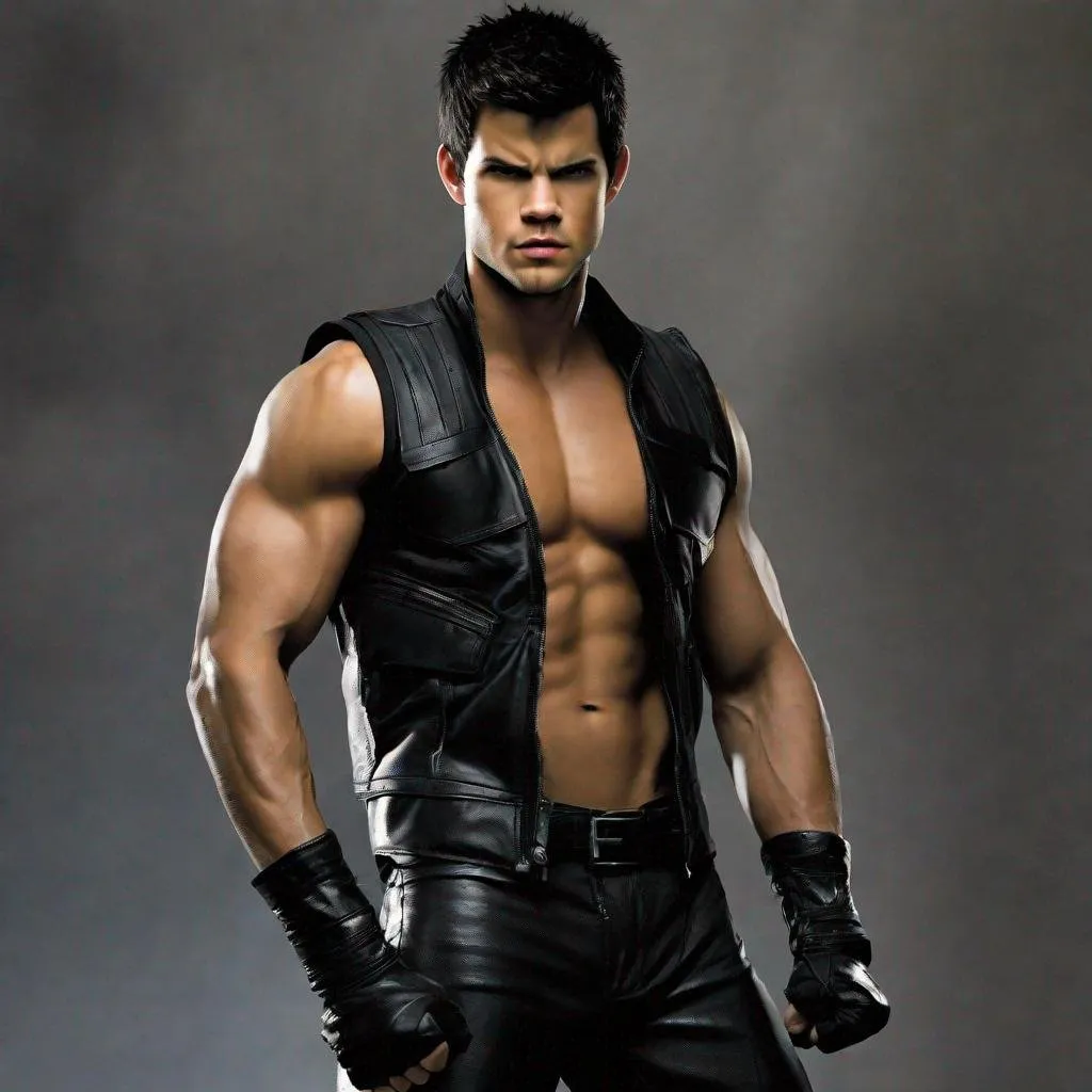 Prompt: Taylor Lautner, Action Pose, No Shirt, Abs, Sleeveless Vest, Leather Gloves, Leather Pants, Angry, Painful, Serious, Lean Body, Black Vest, Leather Vest, Armband, Sleeveless, Closed Eyes, Screaming, Evil,  Villain, Unzipped Vest