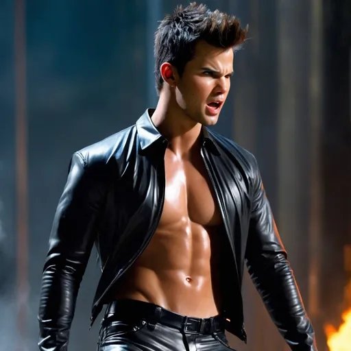 Prompt: Taylor Lautner, Action Pose, Abs, Latex Shirt, Leather Gloves, Leather Pants, Angry, Painful, Serious, Lean Body, Black Latex, Tight Shirt, Closed Eyes, Screaming, Evil, Villain, Sensual