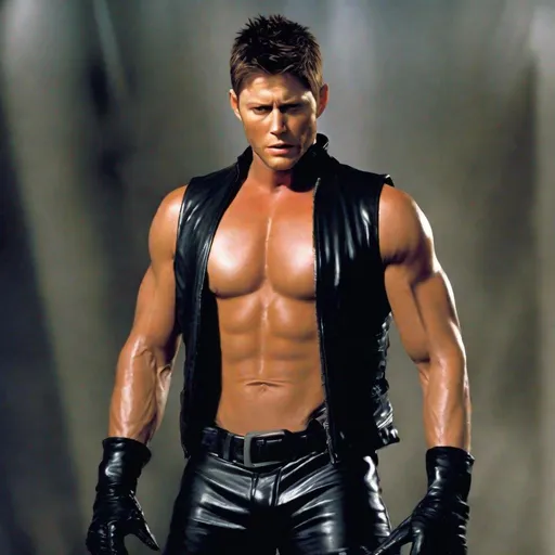 Prompt: Jensen Ackles, No Shirt, Abs, Sleeveless Vest, Leather Gloves, Leather Pants, Angry, Painful, Serious, Lean Body, Black Vest, Leather Vest, Armband, Sleeveless, Closed Eyes, Screaming, Evil, Action Pose, Villain, Unzipped Vest