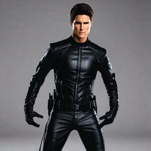 Prompt: Robbie Amell, Action Pose, Abs, Latex Shirt, Leather Gloves, Leather Pants, Angry, Painful, Serious, Lean Body, Black Latex, Tight Shirt, Closed Eyes, Screaming, Evil, Villain