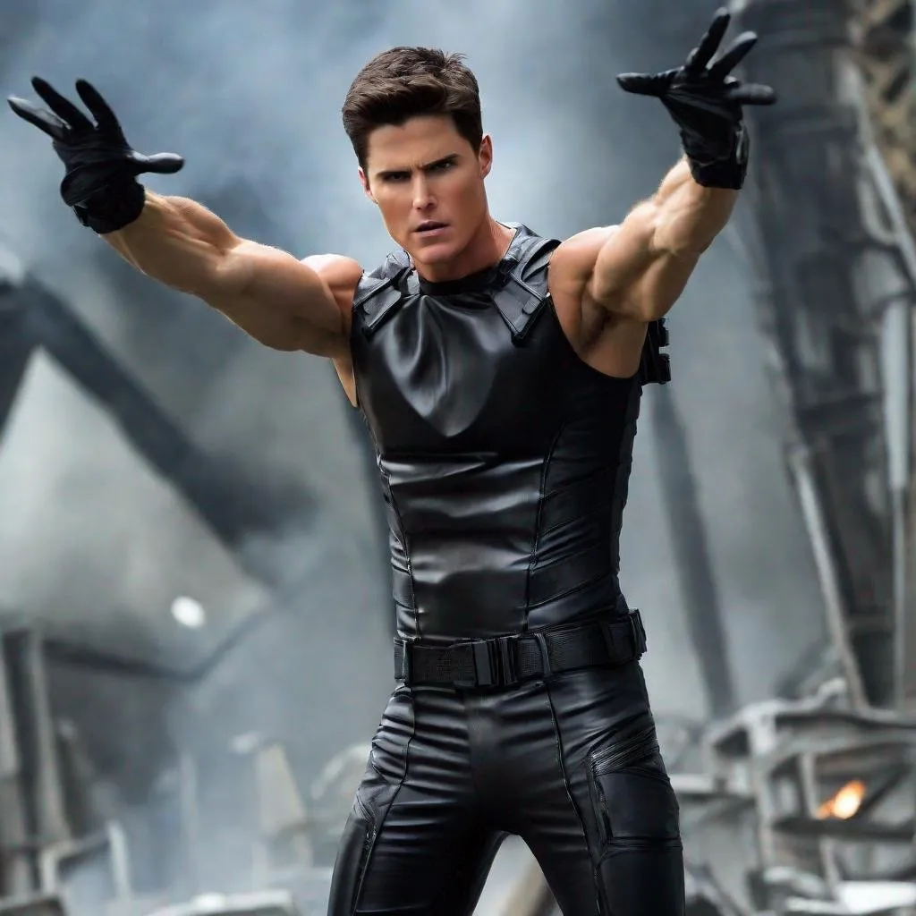 Prompt: Robbie Amell, Action Pose, Abs, Sleeveless Latex Shirt, Leather Gloves, Leather Pants, Angry, Painful, Serious, Lean Body, Black Latex, Tight Latex, Armband, Sleeveless, Closed Eyes, Screaming, Evil, Villain