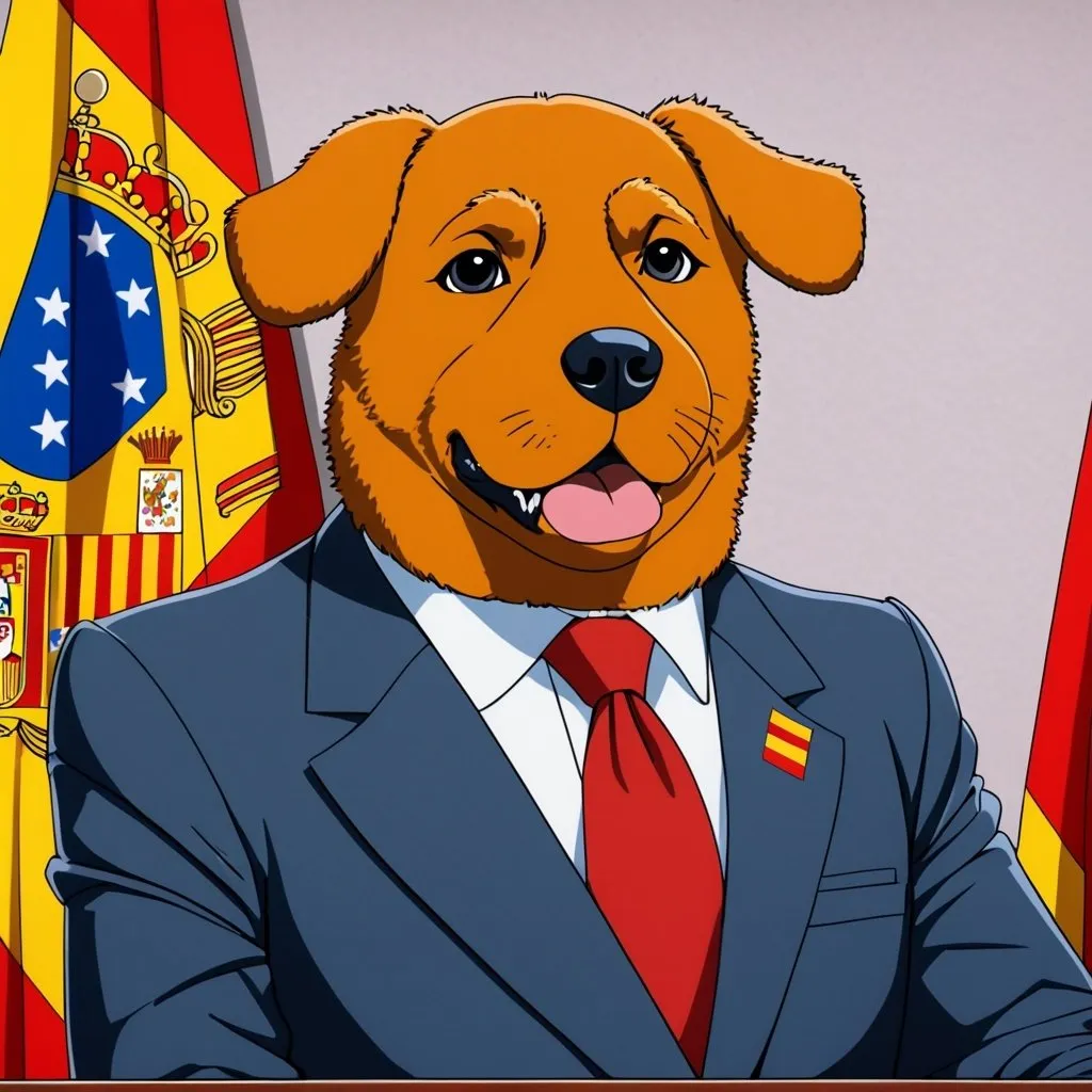 Prompt: 80s anime, spanish president is a dog, detailed, suit and tie,press conference, very detailed, spanish flag