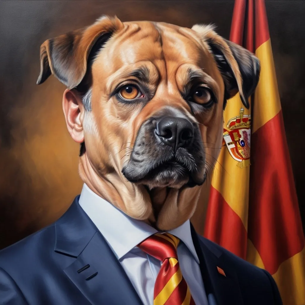 Prompt: Realistic oil painting of the Spanish Prime minister if it were a dog, Spanish Prime Minister, detailed fur and facial features, Spanish flag, dignified expression, high quality, presidential, professional lighting, detailed suit, realistic, Spanish colors, dignified atmosphere, detailed eyes, national leader, dog transformation, dignified portrait