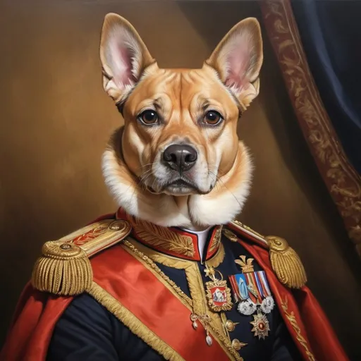 Prompt: Realistic oil painting of Pedro Sánchez as a regal dog, presidential attire, detailed fur and facial features, high quality, traditional, realistic, presidential, regal, detailed fur, oil painting, Spanish colors, dignified expression, professional lighting