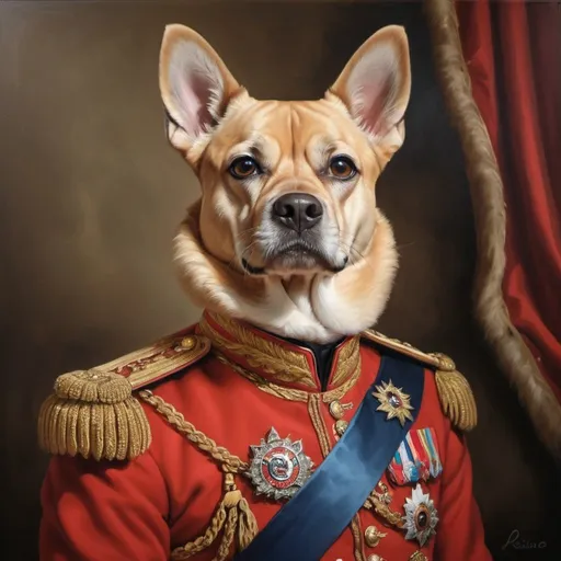 Prompt: Realistic oil painting of Pedro Sánchez as a regal dog, presidential attire, detailed fur and facial features, high quality, traditional, realistic, presidential, regal, detailed fur, oil painting, Spanish colors, dignified expression, professional lighting