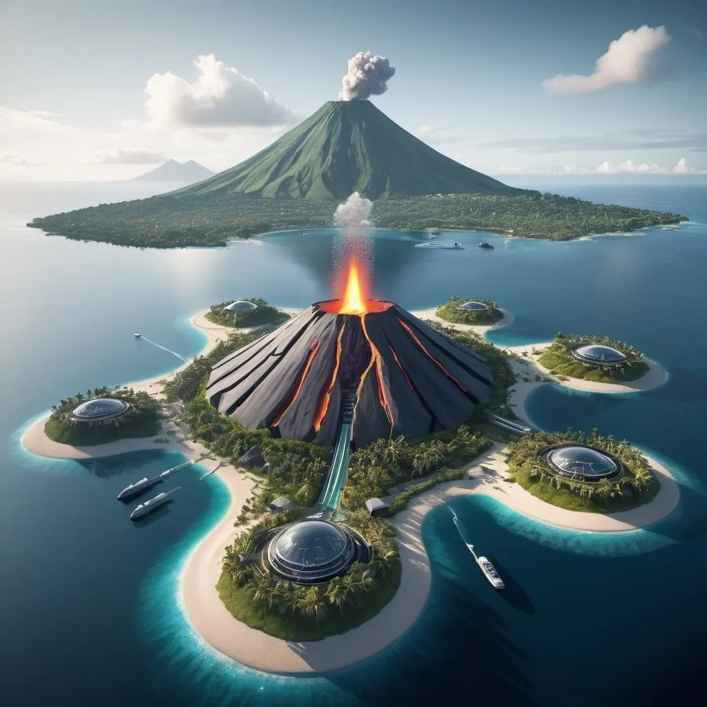 futuristic island with a volcano in the middle, mode...