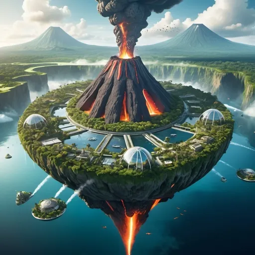 Prompt: futuristic island floating in the air with an active volcano in the middle, lush vegetation, modern architechture, some animals visible, add modern buildings
