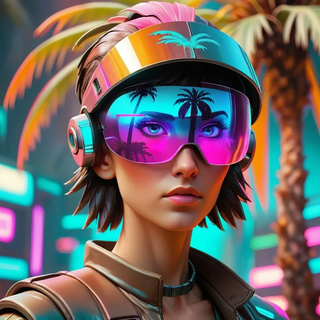 Prompt: a close up of a person wearing futuristic visors a palm tree, shiny cyberpunk colors, retrofuturism, 1980s sci-fi, game cover art, character, 4k