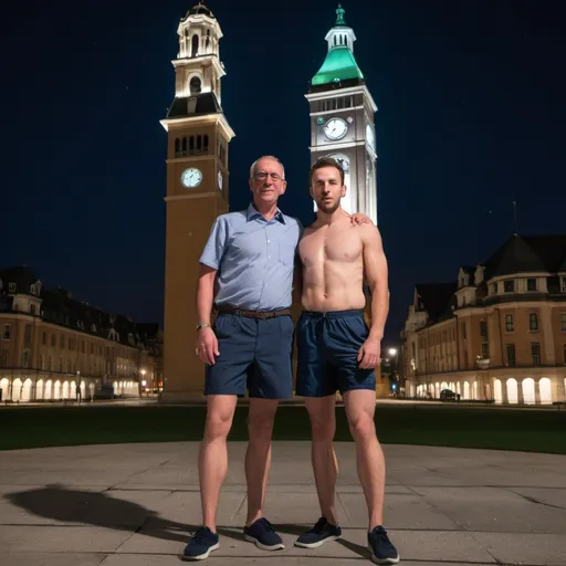 Prompt: two men standing in front of a large building at night with a clock tower in the background and a man in shorts standing next to him, Bernard Accama, incoherents, city background, a picture