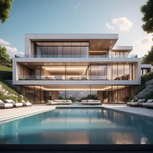 Prompt: Modern, luxurious mansion with a panoramic view, realistic 3D rendering, spacious outdoor pool, elegant interior design, high-quality, realistic, modern, luxurious, large windows, sunlit, panoramic view, detailed architecture, professional lighting, scenic landscape, contemporary, elegant decor