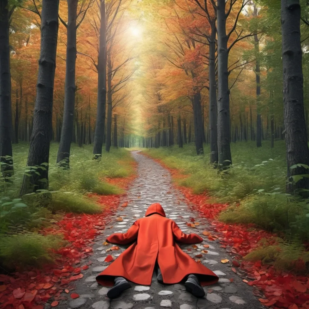 Prompt: Generate a realistic photo of a dense and dark forest path in the evening during summer, with a red coat lying on the ground. The path should be covered with colorful orange, yellow, brown, green leaves. Ensure there are no people in the image, just the red crumpled coat itself lying on the forest path like someone throw it on the ground. Without human body!