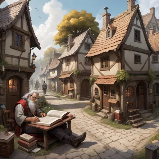 Prompt: Small village, scientists living, books on the streets, scrolls on the ground, fancy village, fantasy art, laying books, innovative creations, science village, mtg, dnd