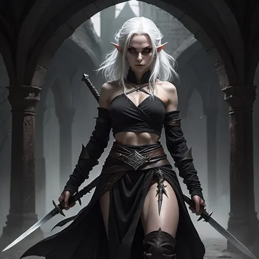 Prompt:  shadow woman rogue monk, white skin, white hair, white eyes, dark scene, holding two swords down, full body, pointy ears, realistic fantasy art, elf, cool stance