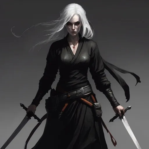 Prompt:  shadow female rogue monk, white skin, white hair, white eyes, dark scene, emotionless, holding two swords down, full body, pointy ears, realistic fantasy art