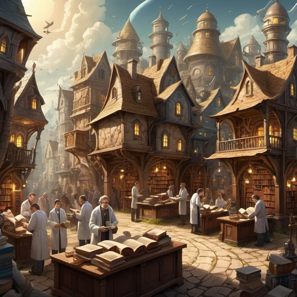 Prompt: Crowded fantasy art of an innovative science village, old, books and scrolls on the ground, scientists surrounded by books, scrolls, and innovative equipment, detailed and intricate, highres, fantasy, crowded, science village, innovative, old, detailed, scrolls and books, professional, atmospheric lighting, pretty houses, town