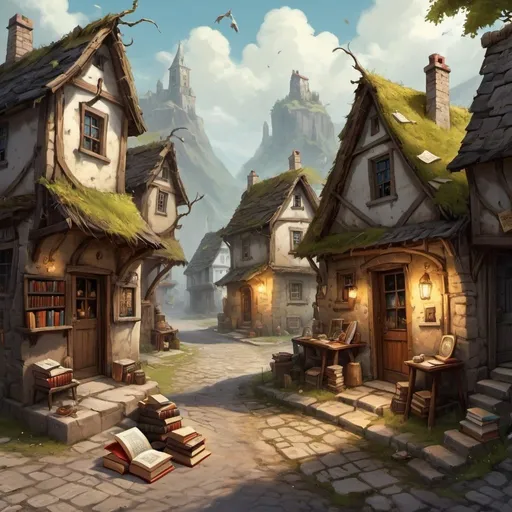 Prompt: Small village, scientists living, books on the streets, scrolls on the ground, crazy village, fantasy art