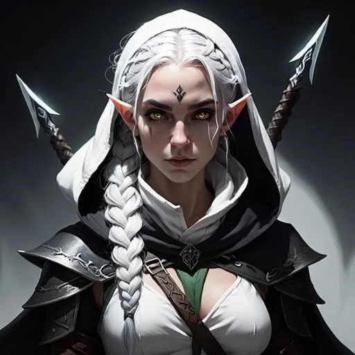 Prompt: Woman, shadow plane, white hair with braids, black glowing eyes, white skin, elf, two blades, rogue, dnd, fantasy art, with hood, evil
