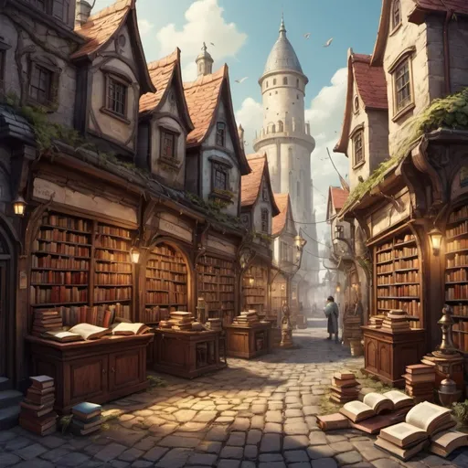 Prompt: Small science town, fantasy art, innovative city, crowded in books and scrolls, books on the streets, scientists town, old, books and scrolls on the ground