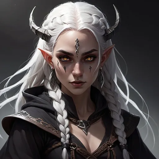 Prompt: Woman, shadow plane, white hair with braids, dark black glowing eyes, white skin, elf, two blades, rogue, dnd, fantasy art, with hood, evil, with lots of earrings, demon