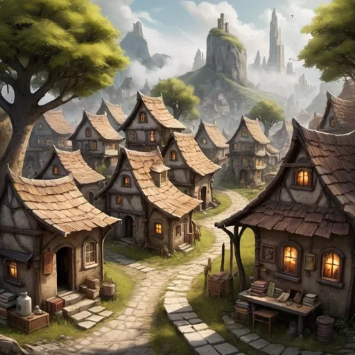 Prompt: Small science village, fantasy art, innovative village, crowded in books and scrolls, books on the streets, scientists village, old, books and scrolls on the ground, tiny village from afar