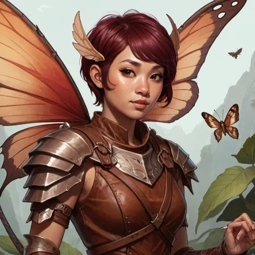 Prompt: a dungeons & dragons fairy with Southeast Asian skin, dark red hair in a pixie cut, and brown Moth wings who is wearing brown leather armor