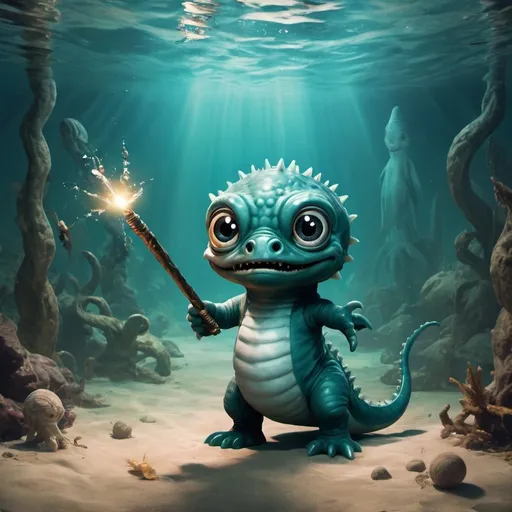 Prompt: create a harry potter with wand image under lake using the spell on baby sea monster