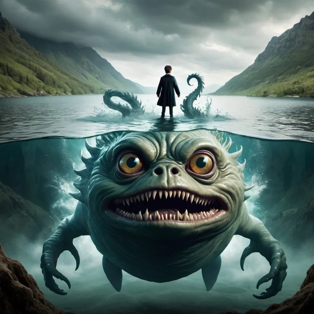 Prompt: create a harry potter image under lake using the spell on sea monster